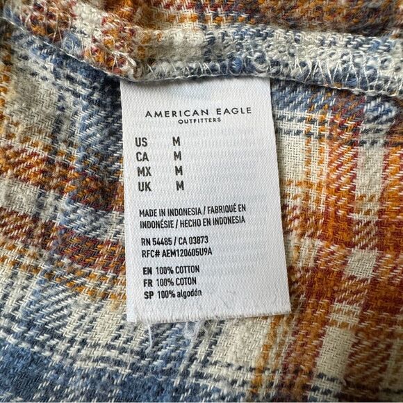 American Eagle Outfitters Crop Plaid Flannel Button Up Shirt Blue Orange Size M - Picture 7 of 8